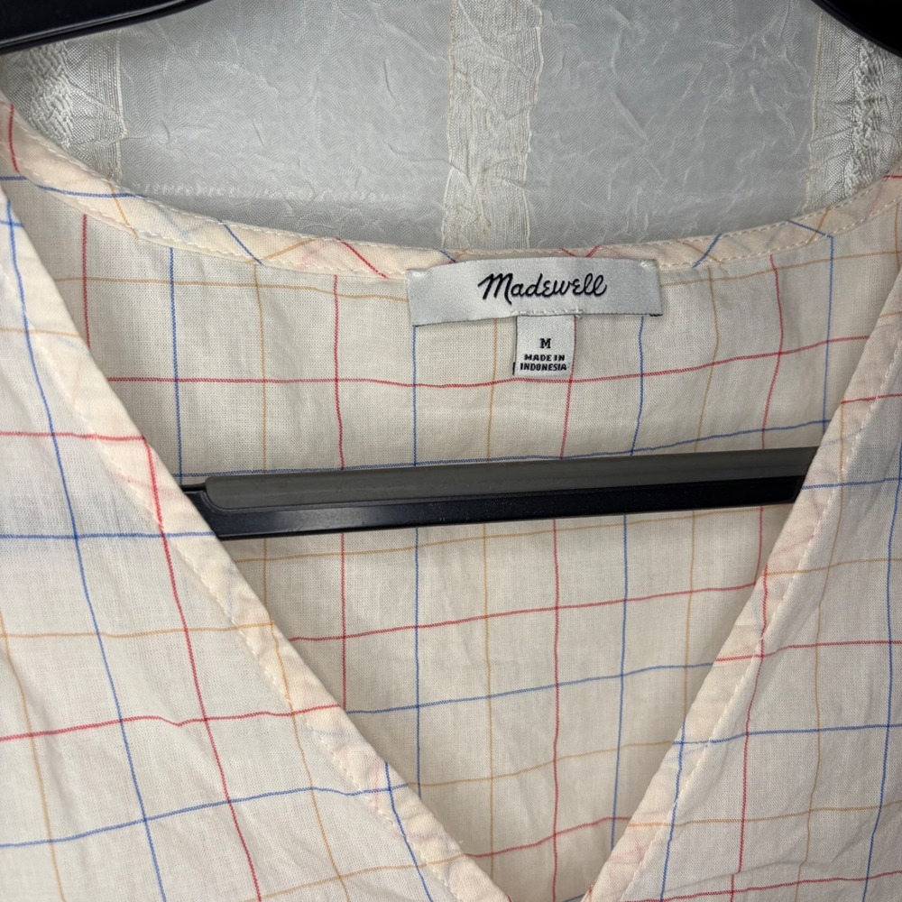 Madewell Tie-Front Grid Top Women Medium Cream Multi-Color Excellent Windowpane - Picture 2 of 5